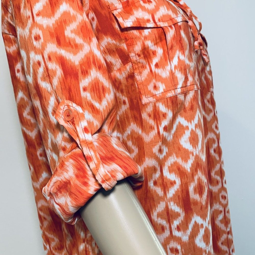 Michael Kors Women's Tunic Blouse Cotton Long Sleeves Orange Medium Size Pockets - Picture 4 of 11